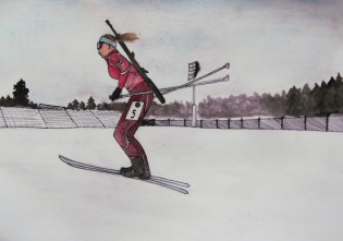 Jana Tlapová, biatlonistka Gabriela Soukalová, akvarel, Církevní gymnázium Plzeň